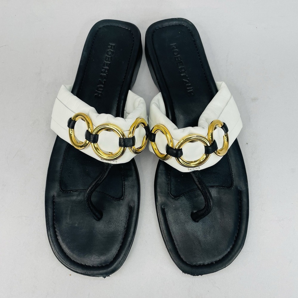 Robert Zur Womens 10 M Kai Thong Sandals Shoe Black White Leather Slip On Flats